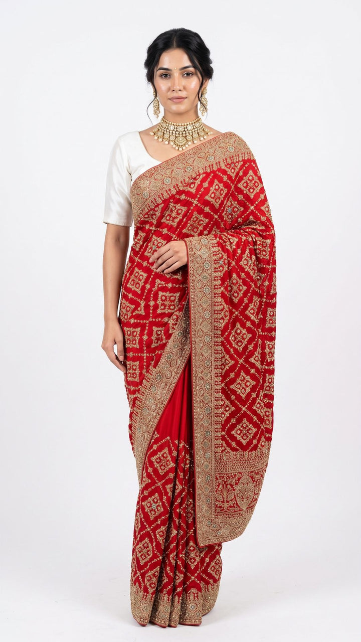 Red Bridal Satin Unstitched Saree with Zarkan & Cut Dana Work