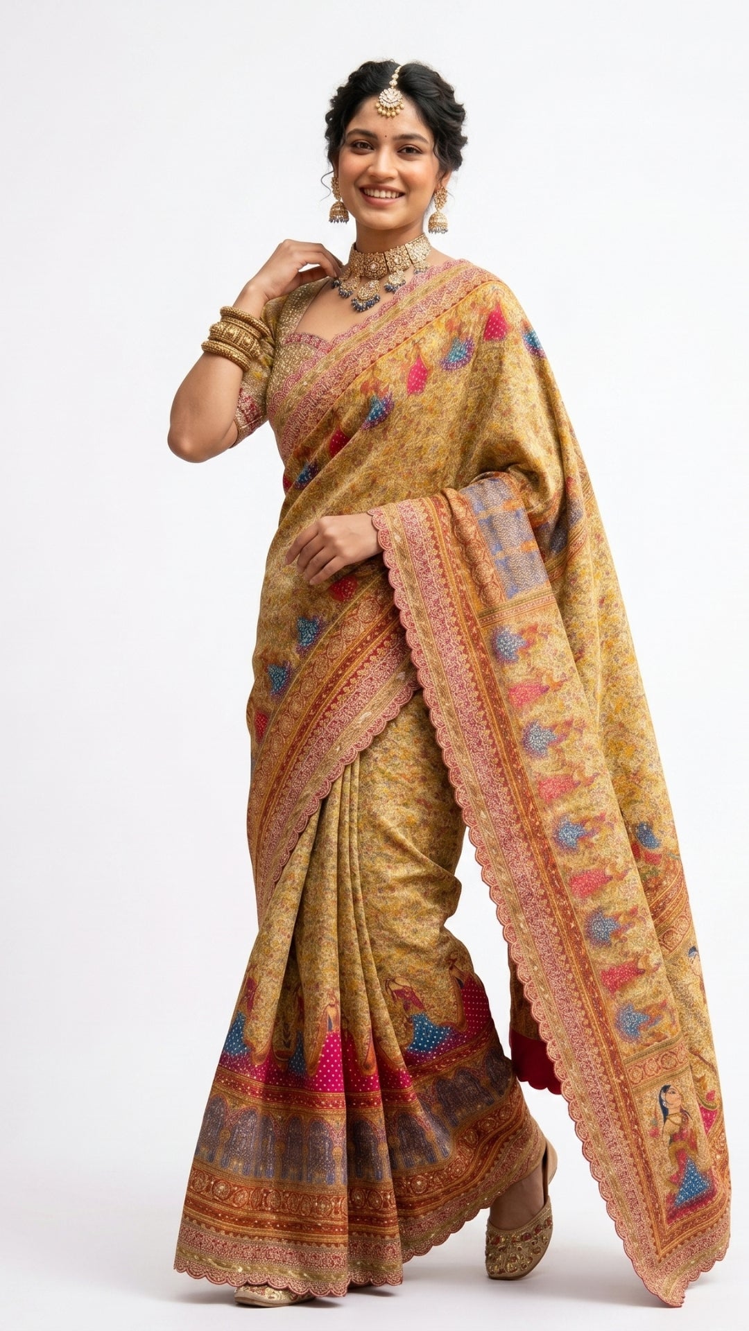 Champagne Gold Tissue Silk Saree with Mirror & Kundan Work