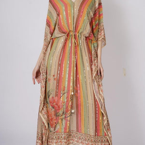 Multicolor Beige Georgette Kaaftan with Mirror and Sequins Work
