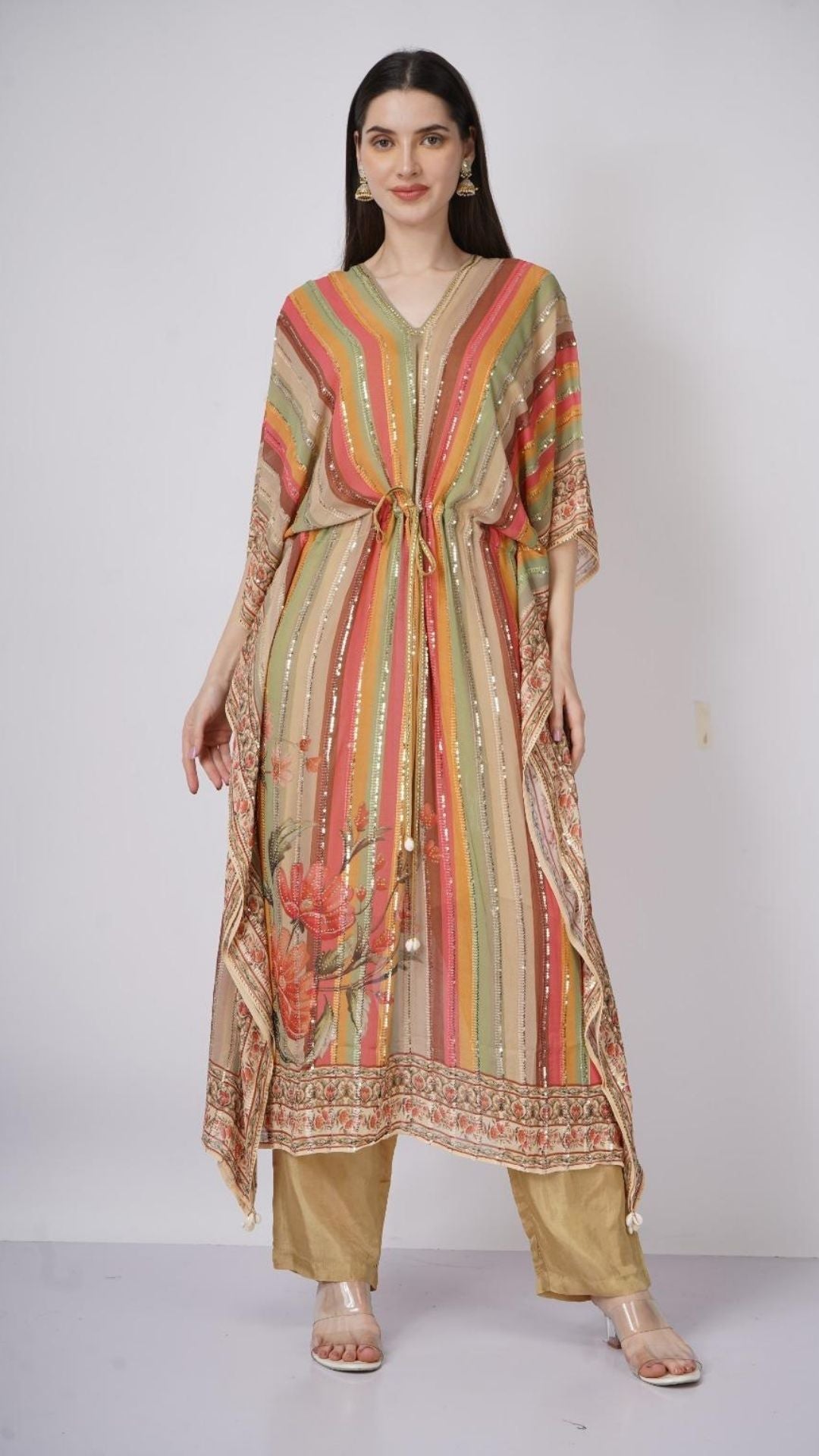 Multicolor Beige Georgette Kaaftan with Mirror and Sequins Work