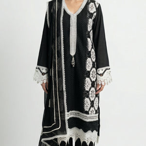 Black Muslin Suit with Stone & Lace Detailing