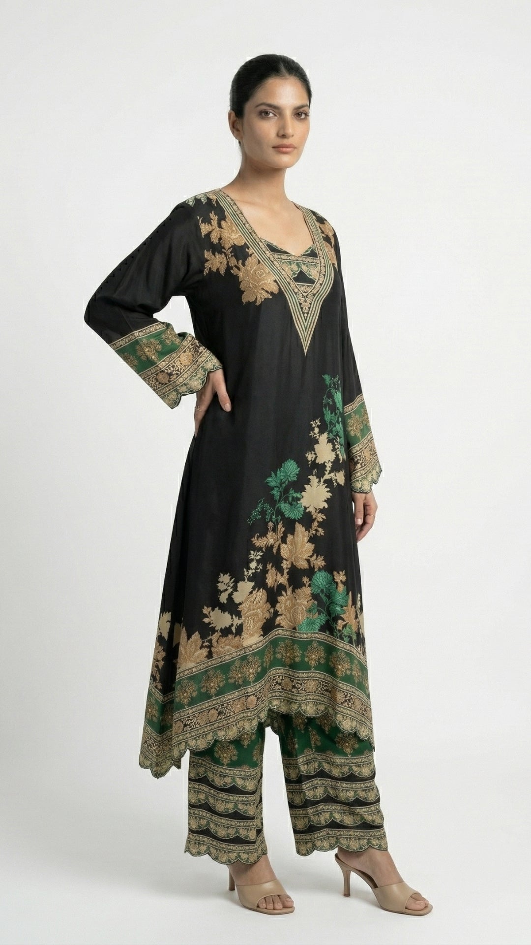 Black Crepe Coord Set with Digital Print & Mirror