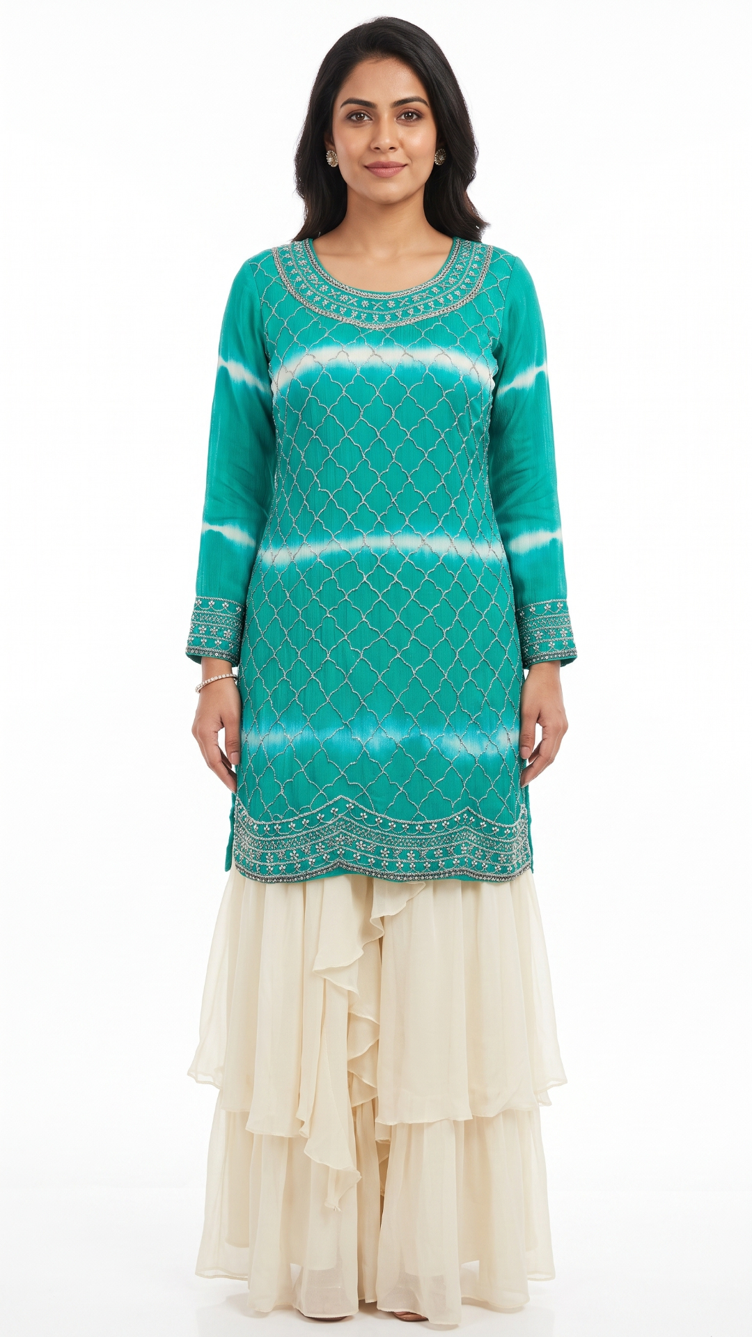 Green Chinon Fabric Cutdana work Sequins