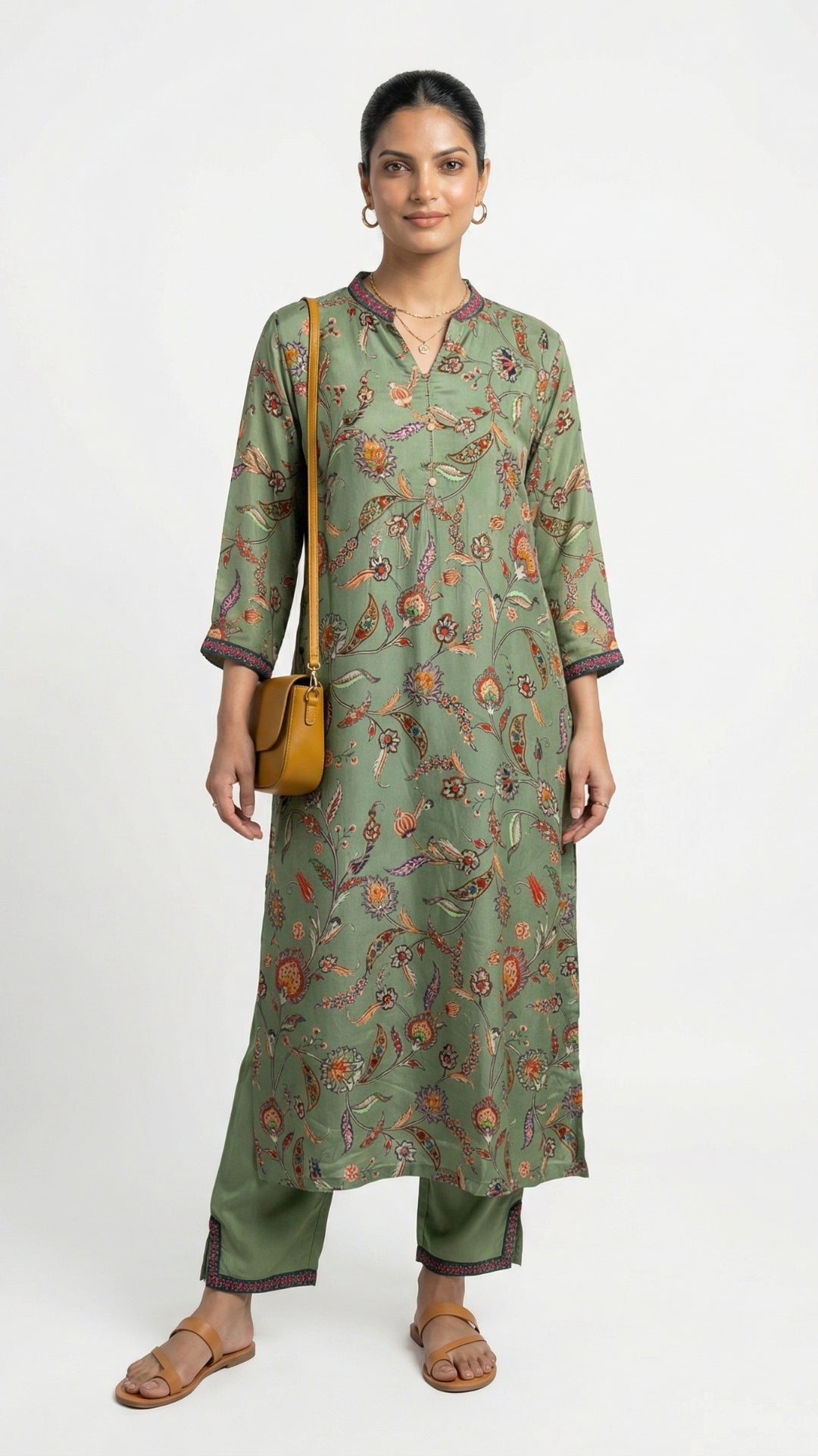 Green Crepe Coord Set with Sequins, Dabka, Moti & Digital Print Detailing