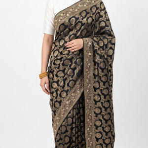 Black Satin Silk Banarasi Unstitched Saree with Dabka, Mirror & Cut Dana Work