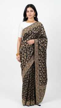Black Satin Silk Banarasi Unstitched Saree with Dabka, Mirror & Cut Dana Work