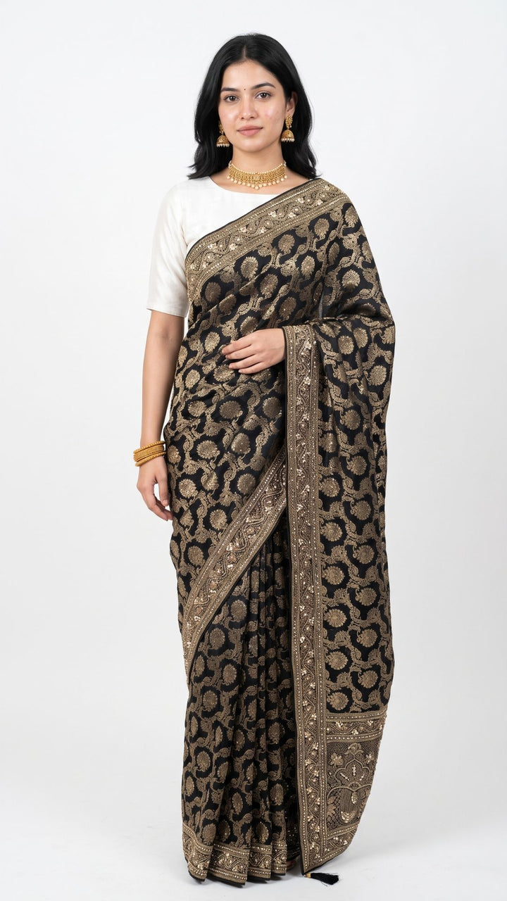 Black Satin Silk Banarasi Unstitched Saree with Dabka, Mirror & Cut Dana Work