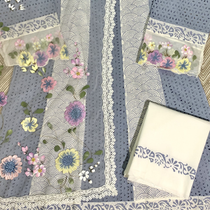 Blue Chikankari Semi Stitched Suit Digital Print Thread Work