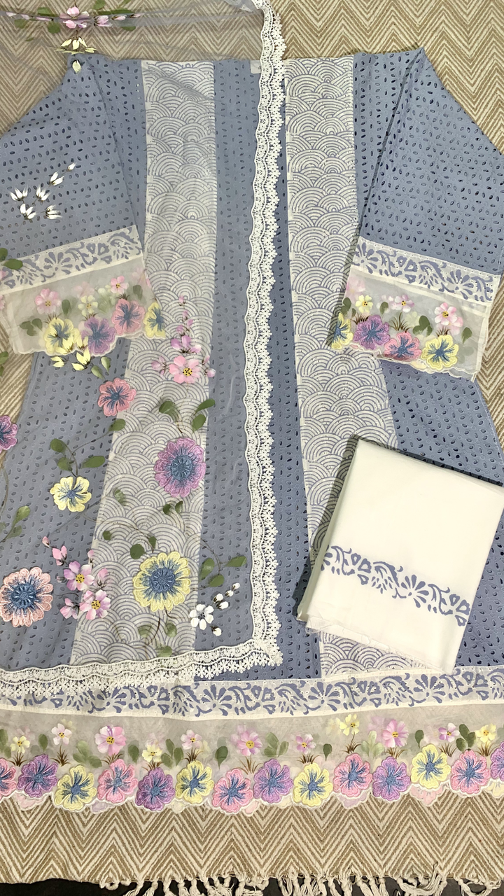 Blue Chikankari Semi Stitched Suit Digital Print Thread Work