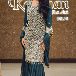 Peacock Green Crepe Indowestern Top,Bottom and Dupatta with Sequins and Cutdana Work