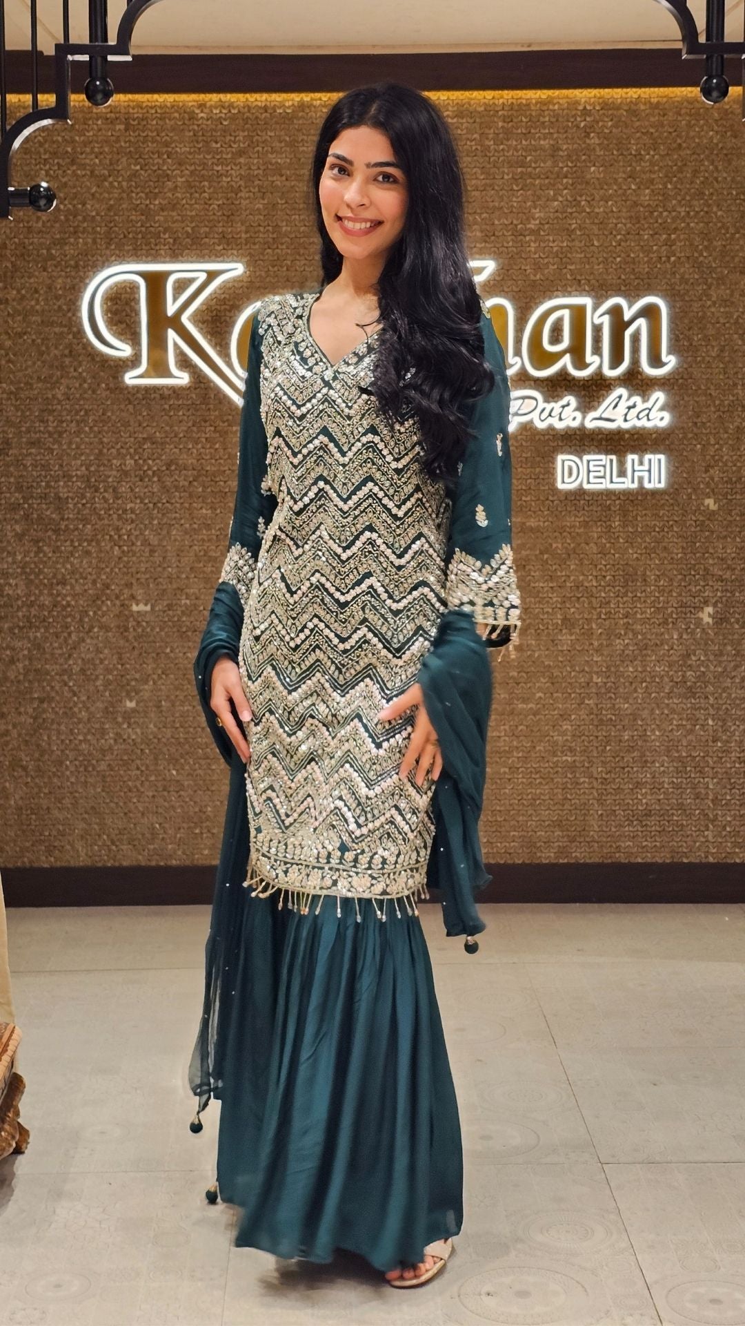 Peacock Green Crepe Indowestern Top,Bottom and Dupatta with Sequins and Cutdana Work