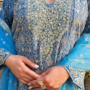 Blue Georgette Indo-Western with Zari, Sequin, Stone & Mirror Work