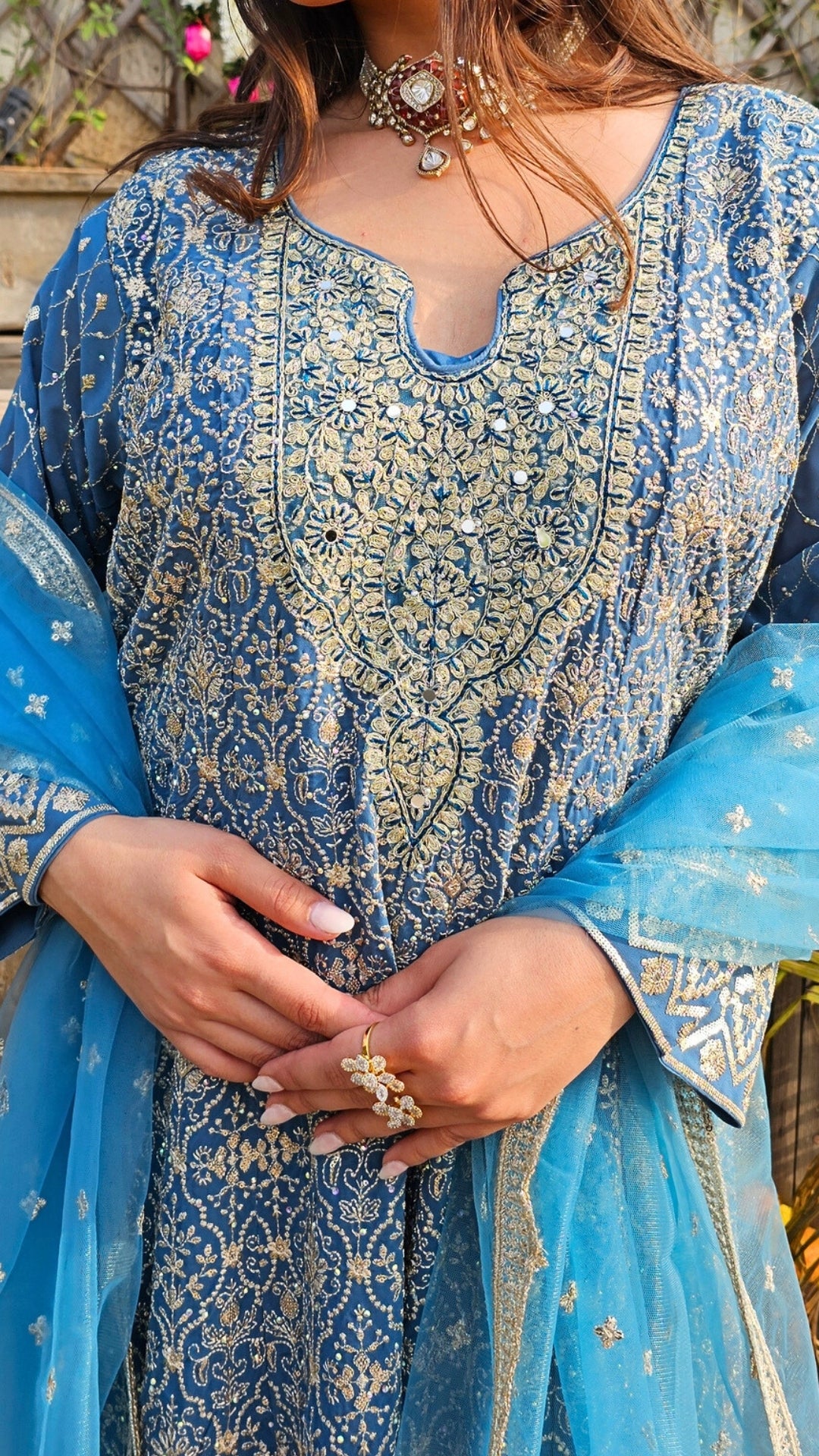 Blue Georgette Indo-Western with Zari, Sequin, Stone & Mirror Work