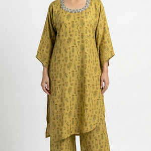 Lemon Yellow Muslin Coord Set with Sequins, Mirror, Bead & Digital Print Detailing