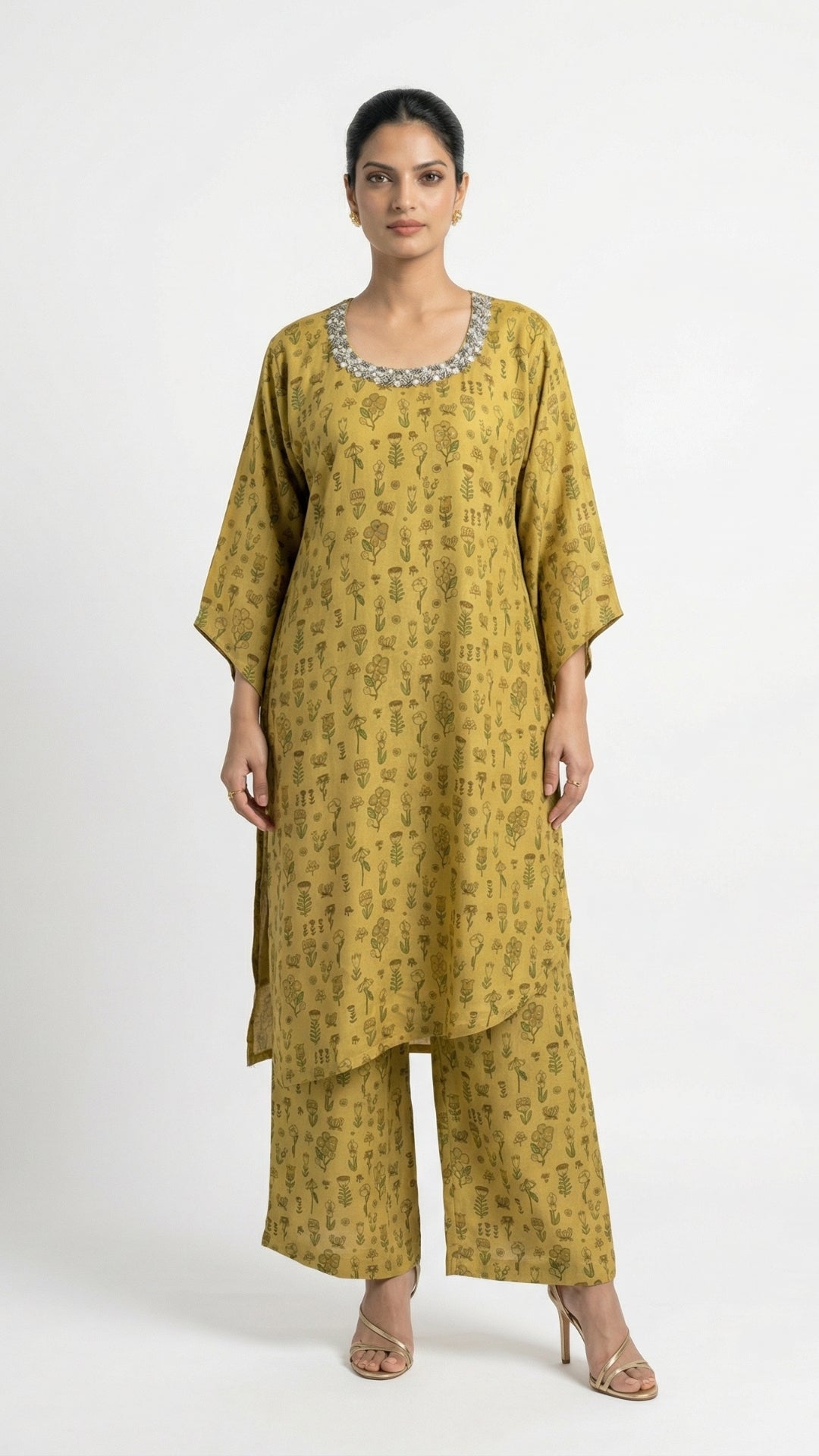 Lemon Yellow Muslin Coord Set with Sequins, Mirror, Bead & Digital Print Detailing