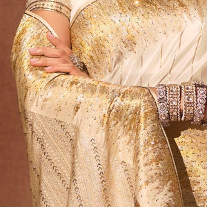 Cream Silk Satin Saree with Swarovski Work