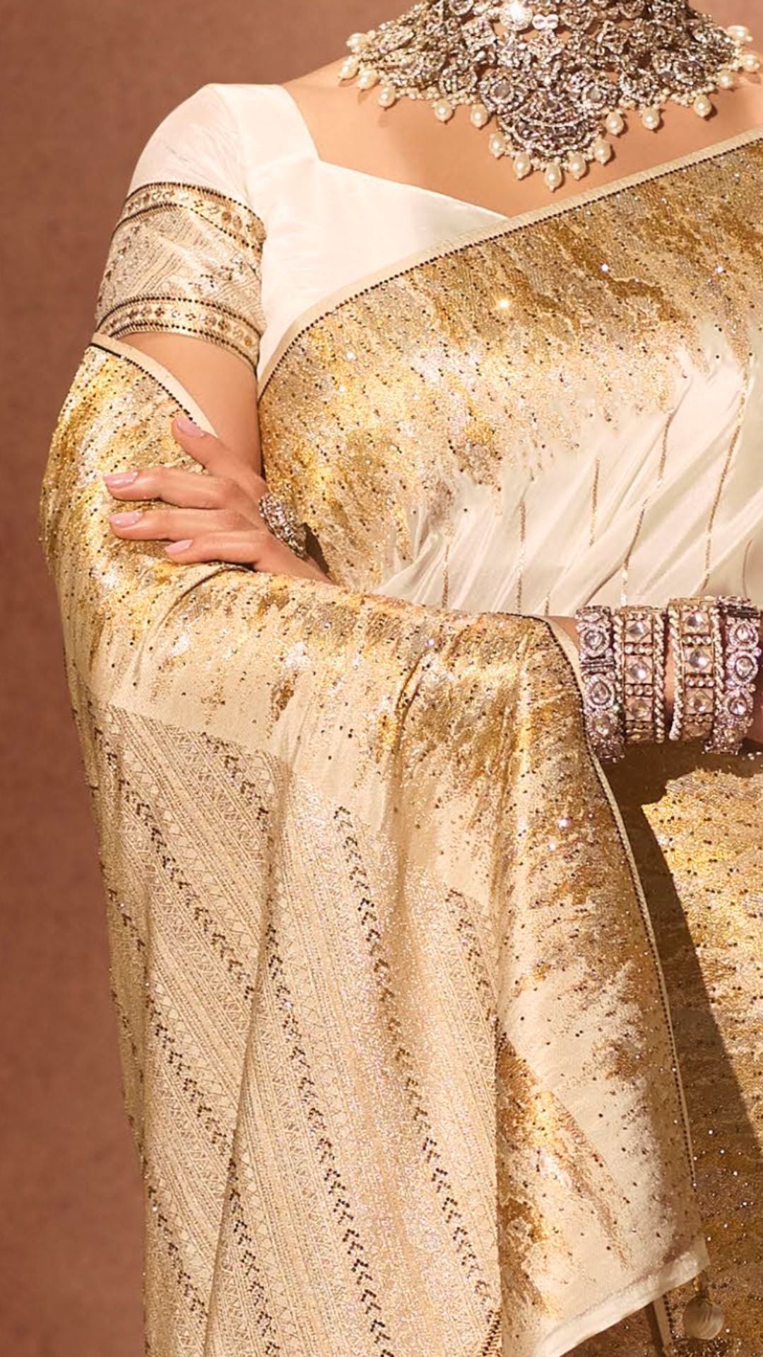Cream Silk Satin Saree with Swarovski Work