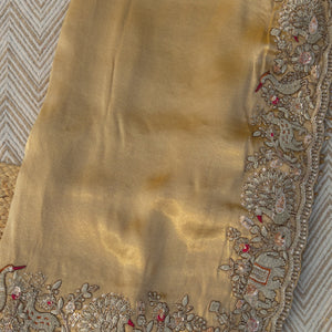 Golden Tissue Saree Embellished With Moti, Zari, Sequins & Cut Dana Work