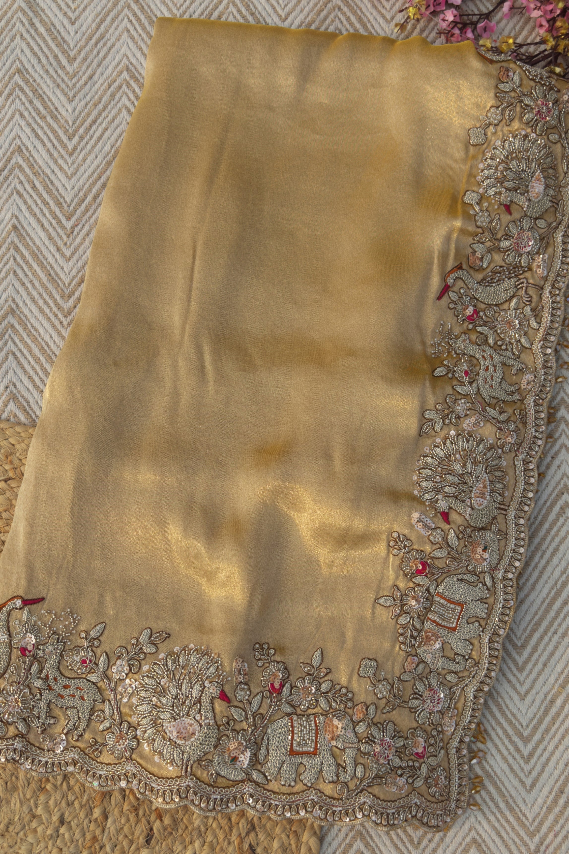 Golden Tissue Saree Embellished With Moti, Zari, Sequins & Cut Dana Work