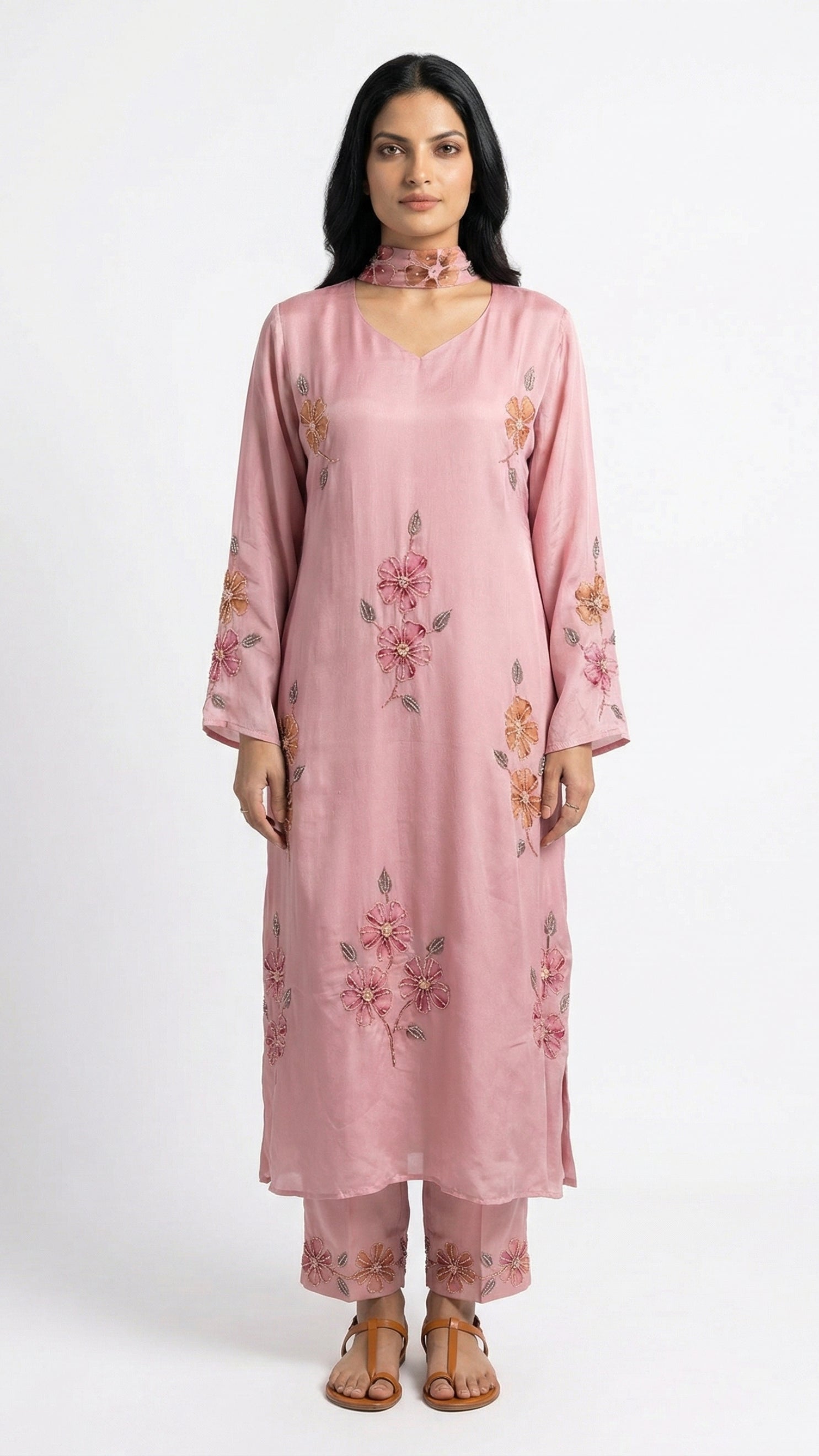 Pink Chinon Suit with Sequins, Hand Print, Cutdana & Stone Detailing