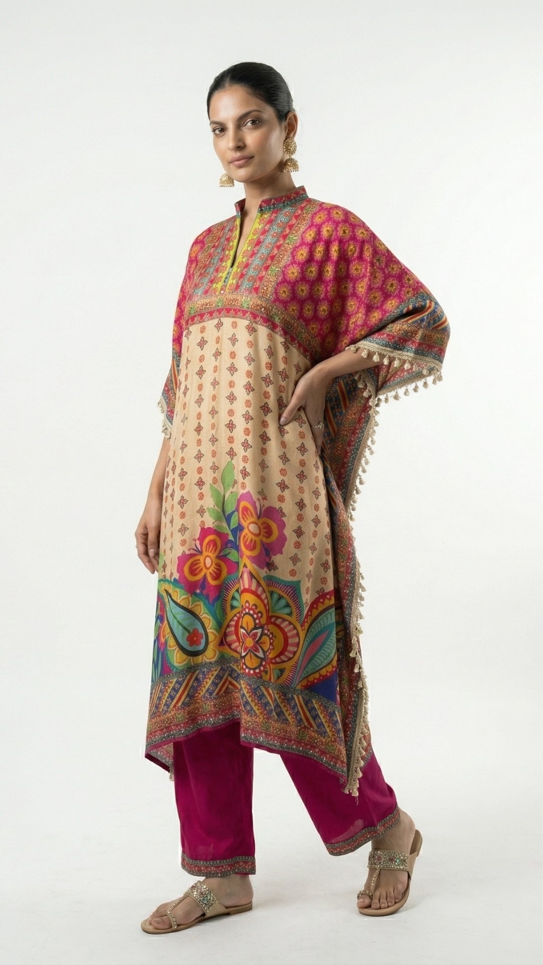 Multicolour Muslin Crepe Coord Set with Digital Print & Mirror Detailing