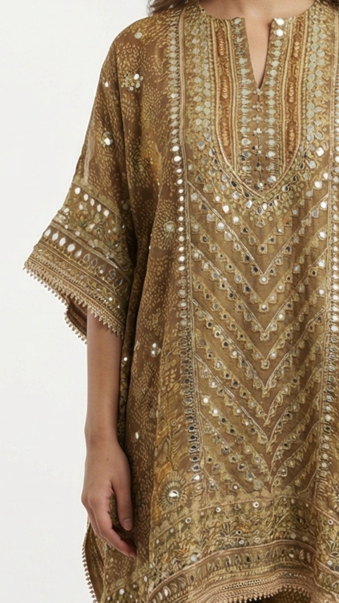 Antique Gold Tissue Kaftan Coord Set with Gota Patti, Digital Print & Sequin Detailing