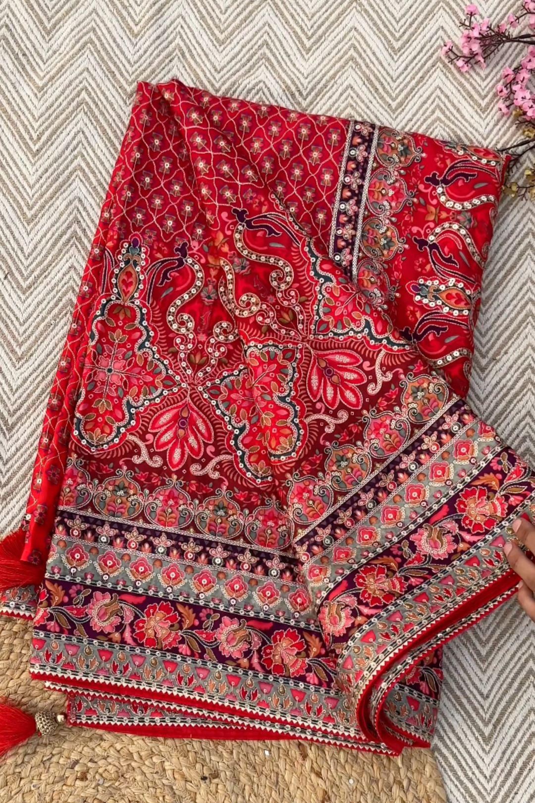 Maroon Digital Printed Silk Ready Made Saree Embellished With Sequins & Zari Work