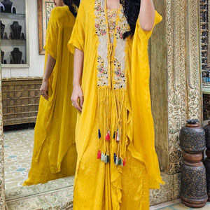 Yellow Chinon Indowestern Top,Jacket and Bottom with Resham Thread and Pearl Work