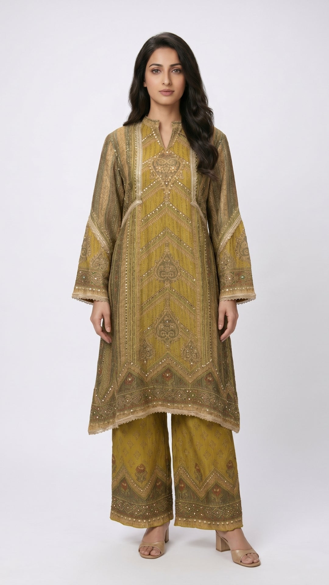 Green Wrinkled Tissue with Digital Print, Moti & Stone Work Indo Western