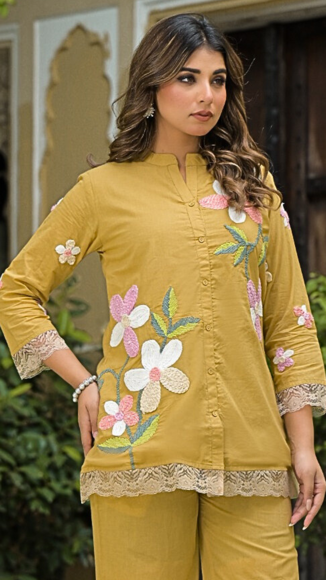 Yellow Cotton Coord Set with Thread Embroidery