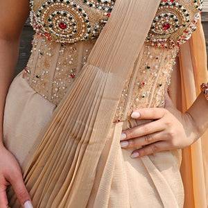 Beige Chinon Drape Saree with Kundan & Cutdana Work