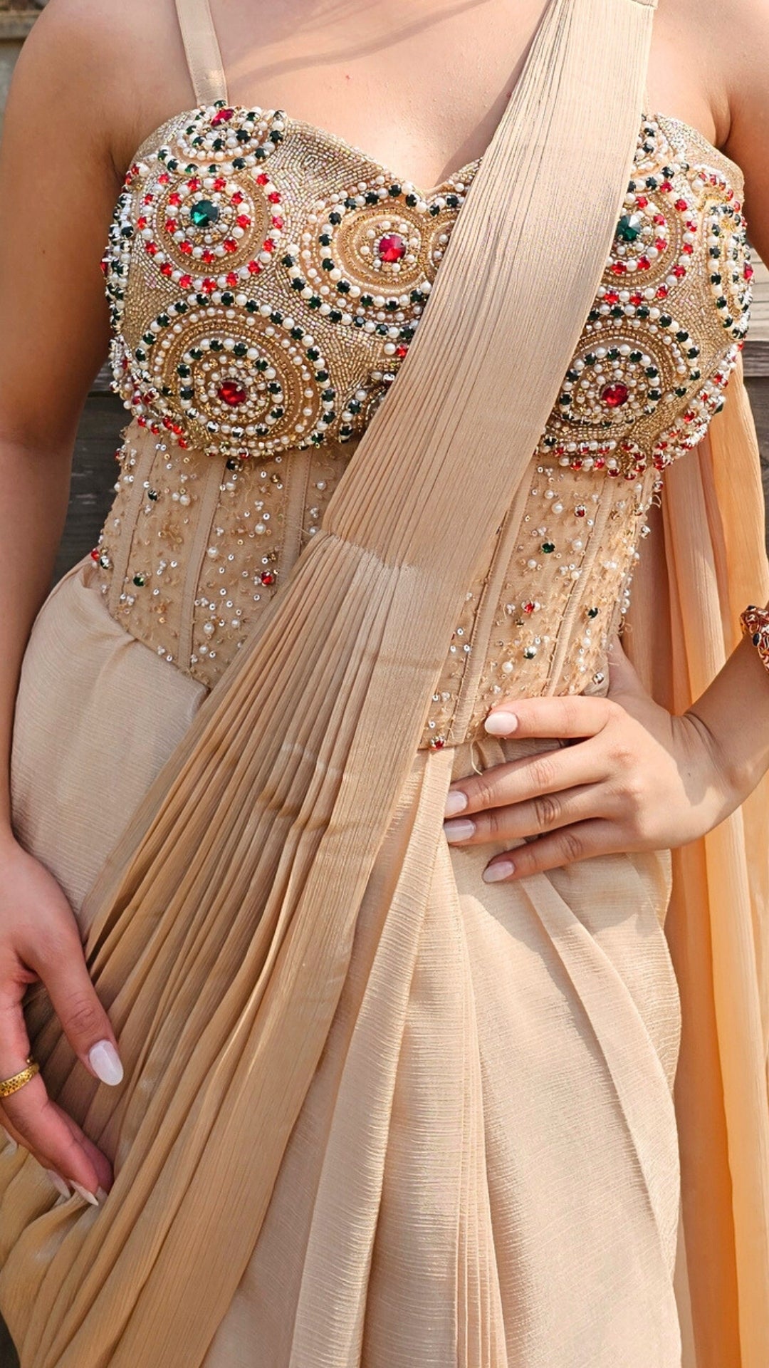 Beige Chinon Drape Saree with Kundan & Cutdana Work