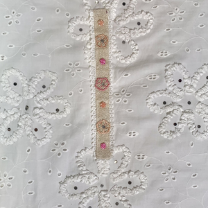 White Mul Cotton Chikankari Fabric Unstitched Suit Lace Mirror Work