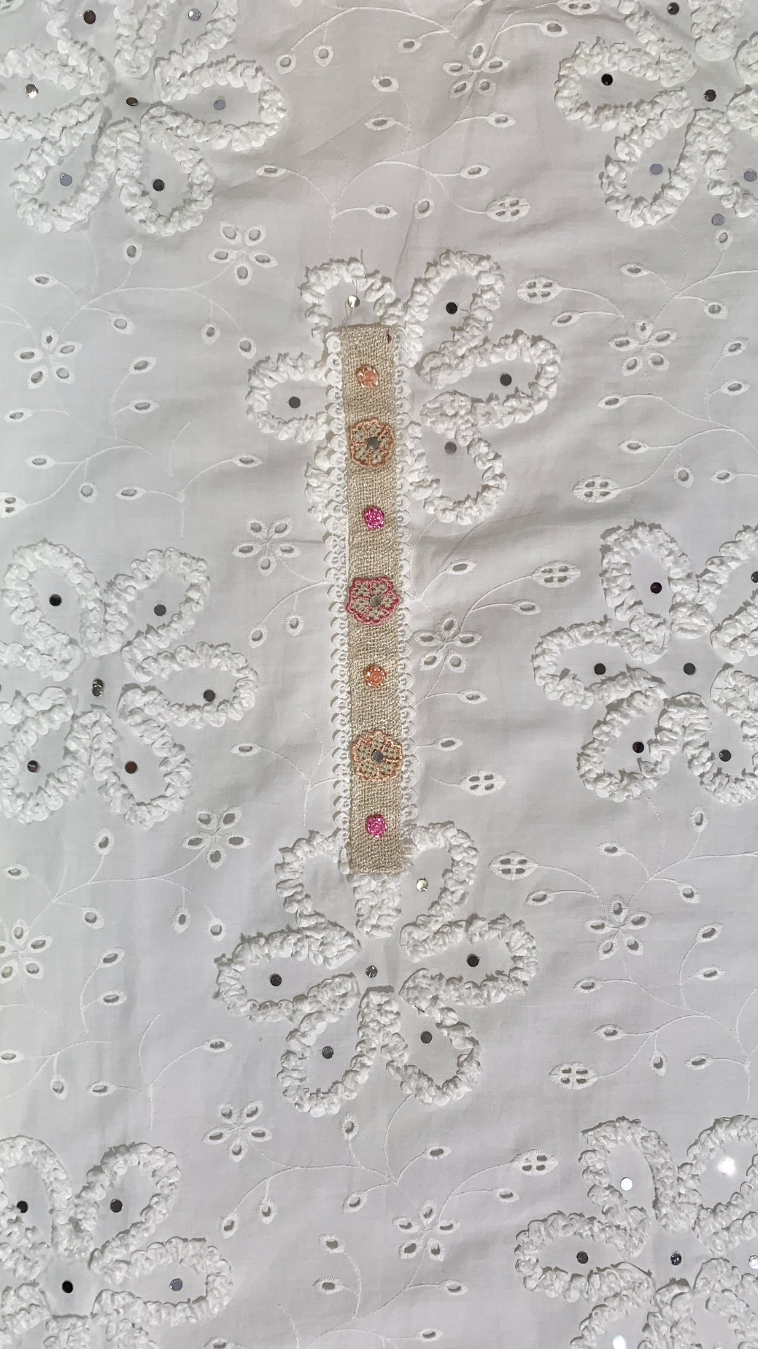 White Mul Cotton Chikankari Fabric Unstitched Suit Lace Mirror Work
