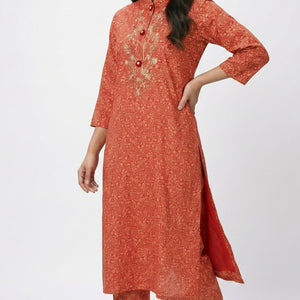 Red Muslin Cotton Block & Gold Print Suit with Dabka, Seqiuns & Gota Patti Detailing