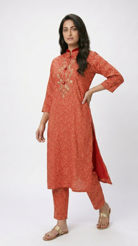Red Muslin Cotton Block & Gold Print Suit with Dabka, Seqiuns & Gota Patti Detailing