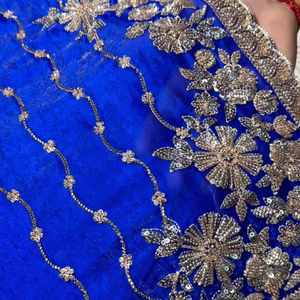 Blue Tissue Unstitched Saree Embellished With Sequins, Cutdana & Zari Work