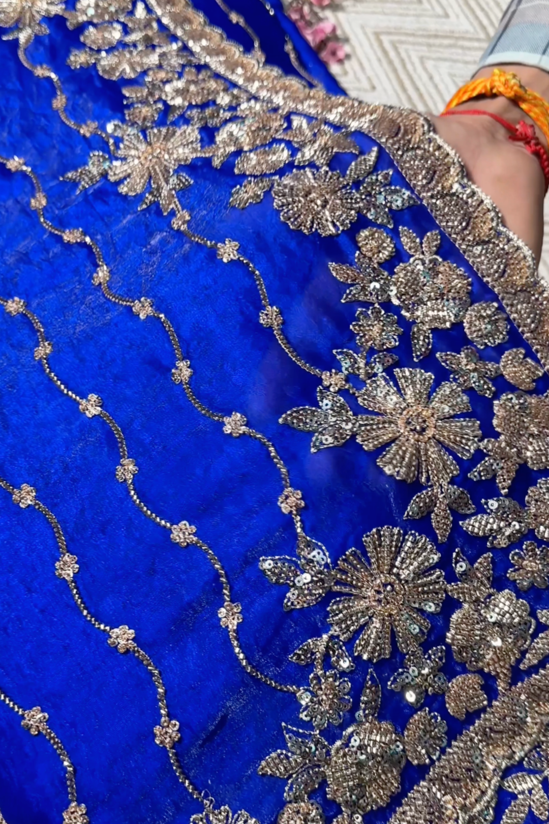 Blue Tissue Unstitched Saree Embellished With Sequins, Cutdana & Zari Work