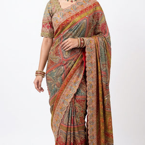 Beautiful Multicolour Tissue Saree Embellished With Kundan, Sequins & Cut Dana Work