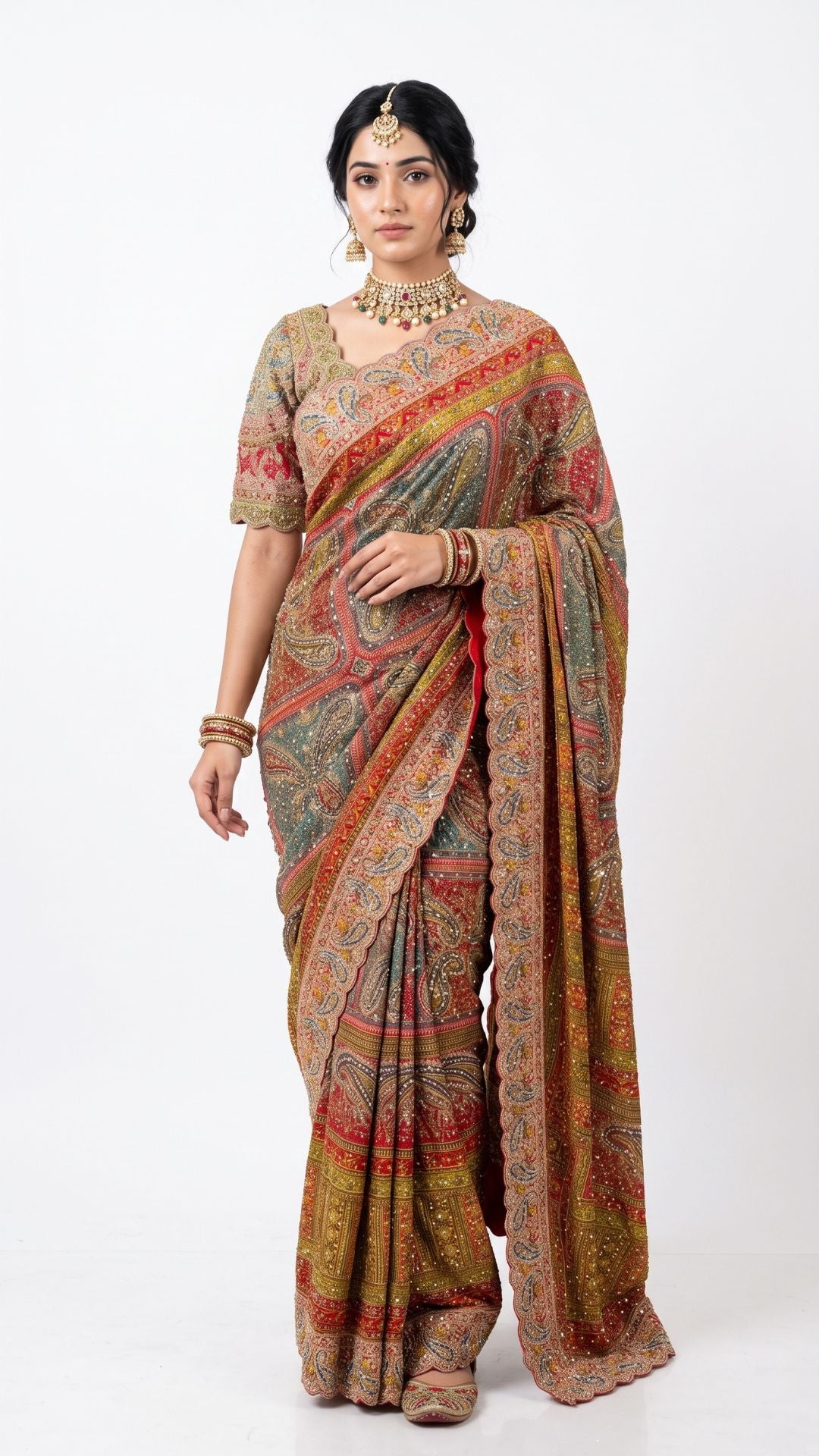 Beautiful Multicolour Tissue Saree Embellished With Kundan, Sequins & Cut Dana Work