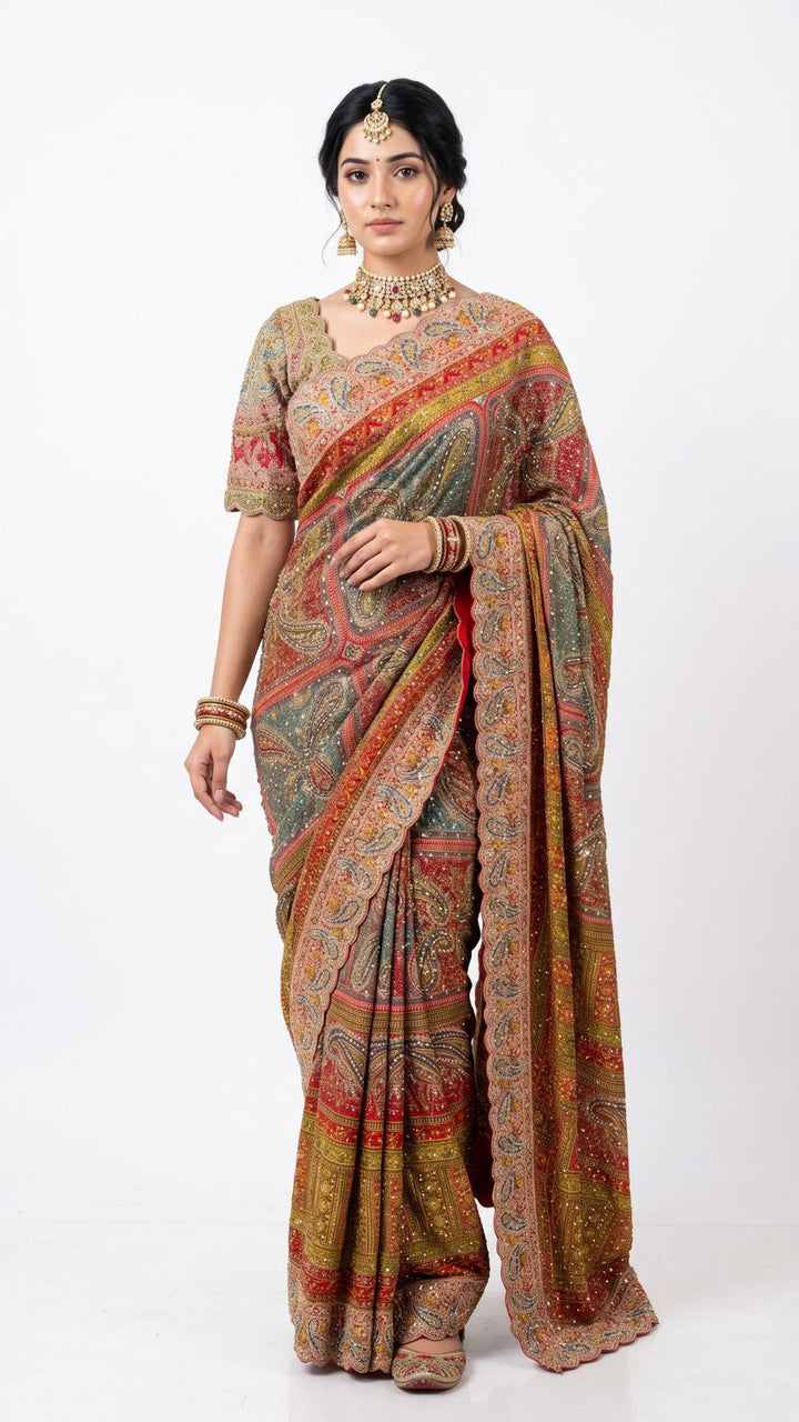 Beautiful Multicolour Tissue Saree Embellished With Kundan, Sequins & Cut Dana Work