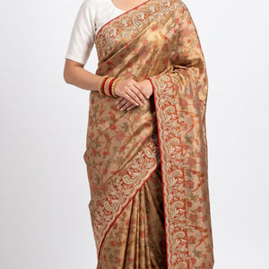 Rust Tissue Banarasi Unstitched Saree with Sequins & Cut Dana Work