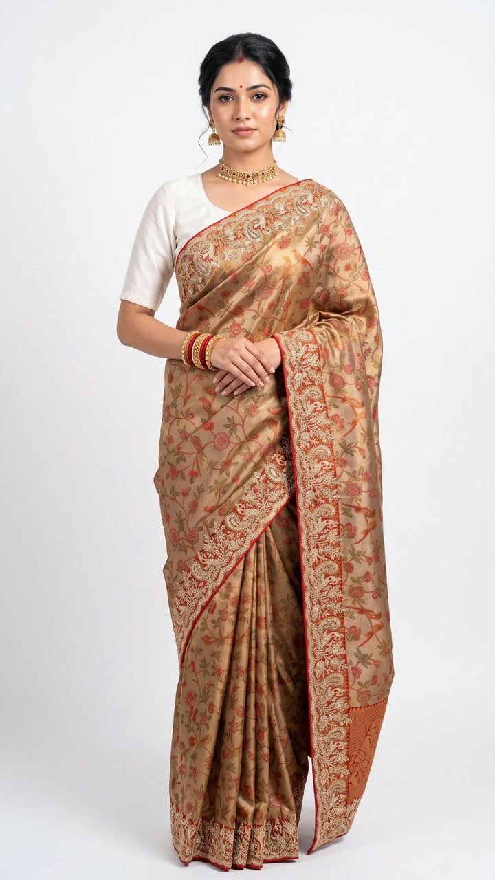 Rust Tissue Banarasi Unstitched Saree with Sequins & Cut Dana Work