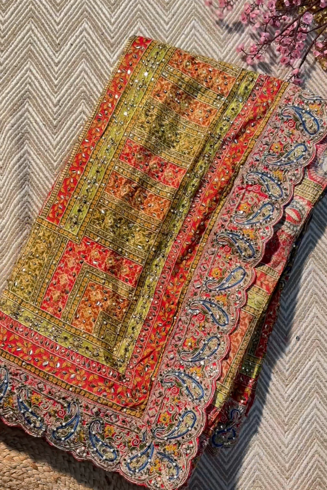 Beautiful Multicolour Tissue Saree Embellished With Kundan, Sequins & Cut Dana Work