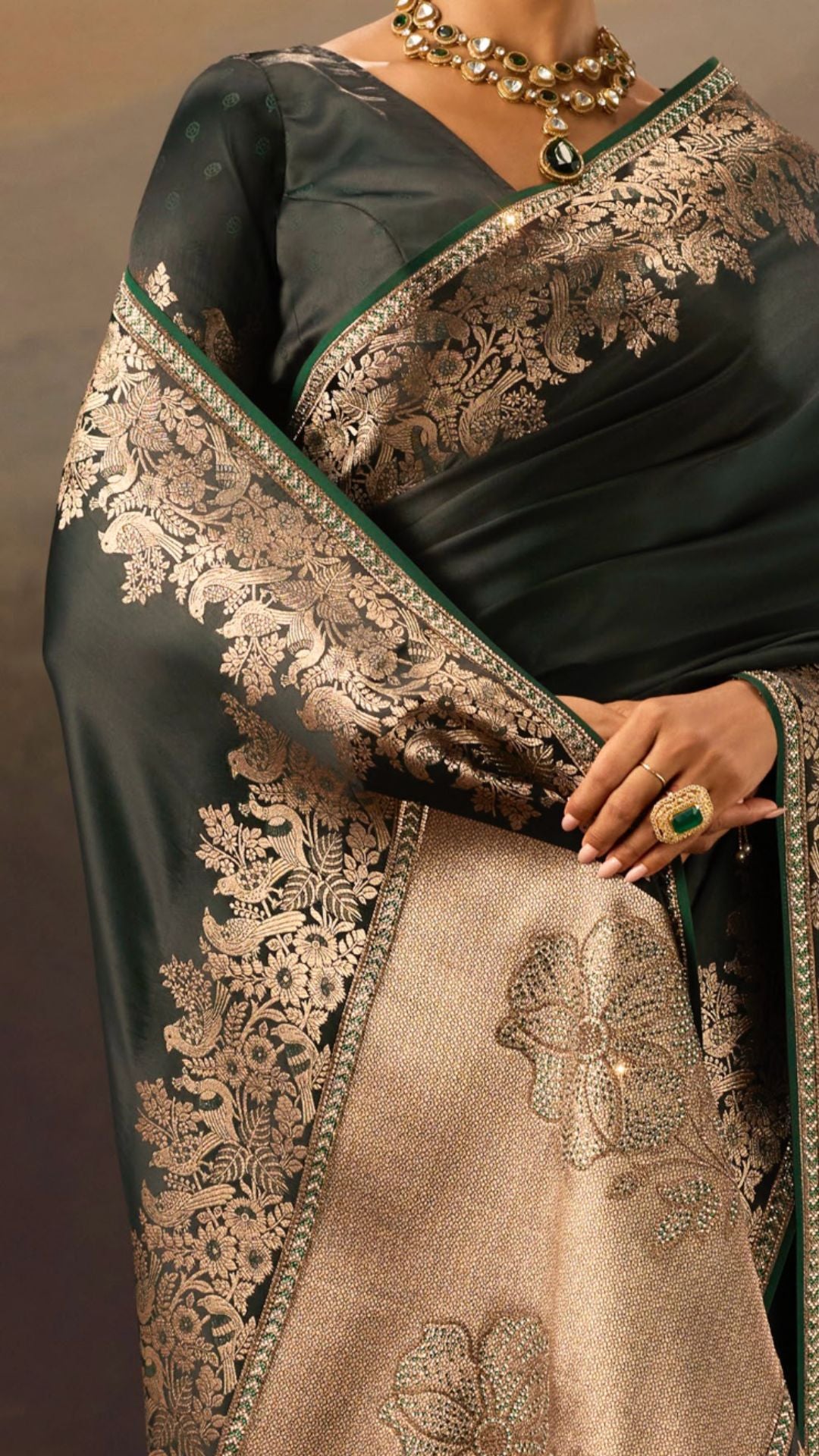 Dark Green Satin Saree With Swarovski Work