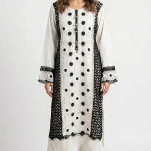 White Muslin Suit with Stone & Lace Detailing