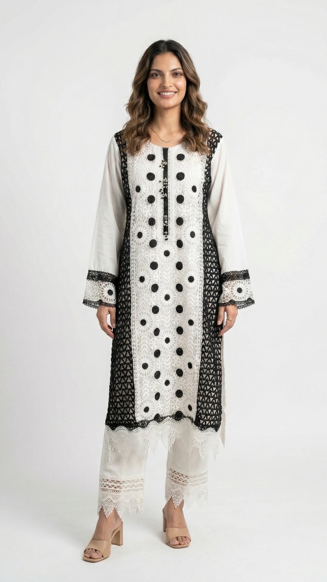 White Muslin Suit with Stone & Lace Detailing
