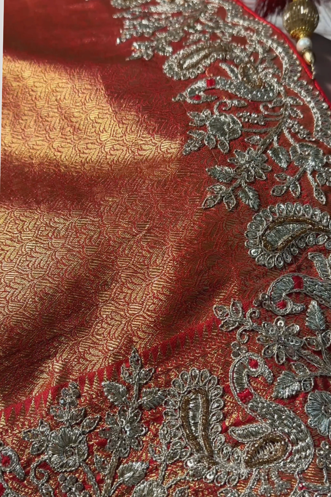 Rust Tissue Banarasi Unstitched Saree with Sequins & Cut Dana Work