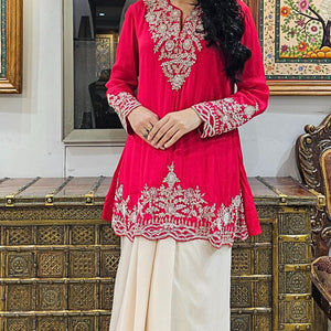 Red Chinon Indowestern Top and Pleated Bottom with Dabka,Sequins and Cutdana Work