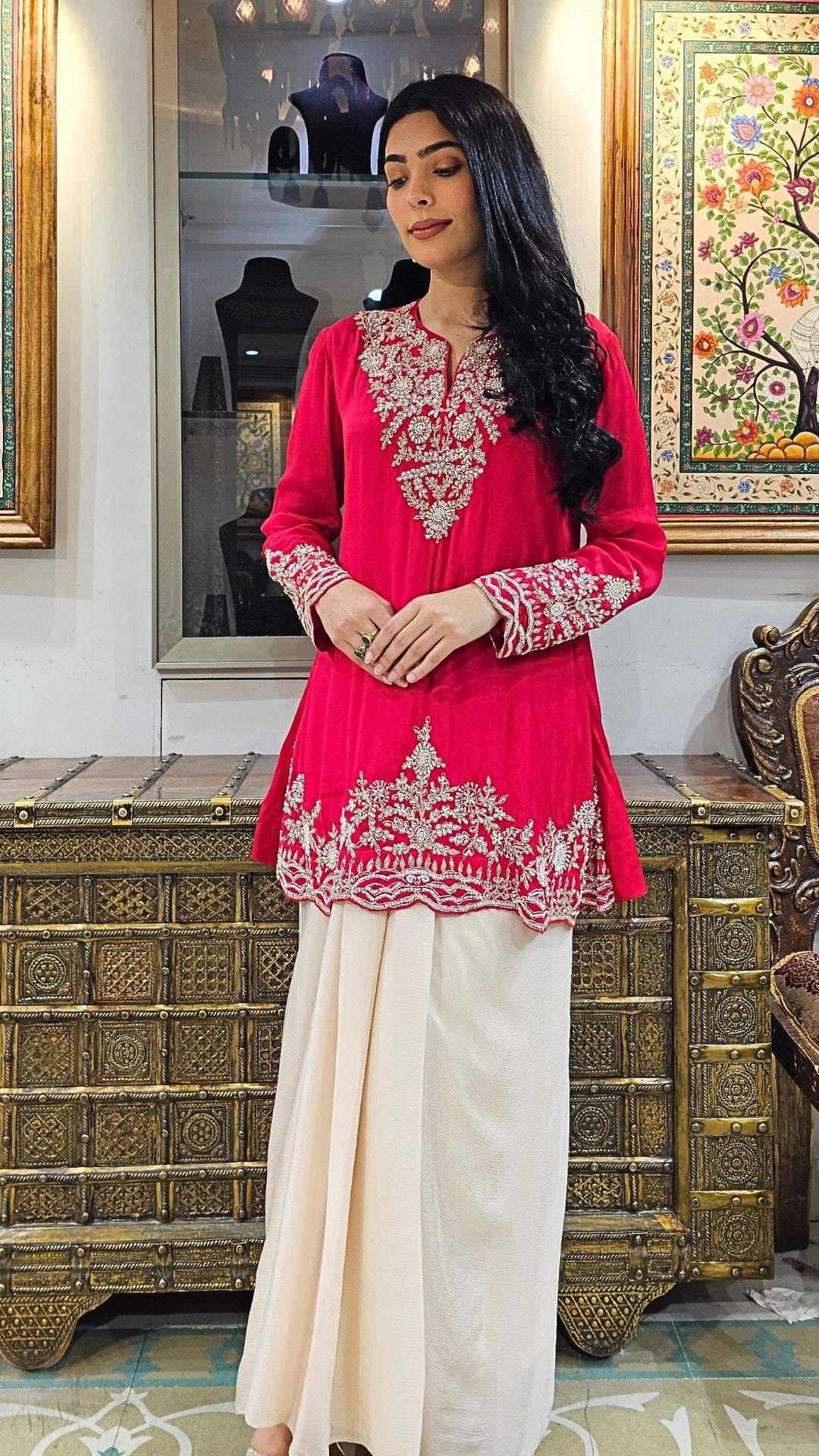 Red Chinon Indowestern Top and Pleated Bottom with Dabka,Sequins and Cutdana Work
